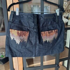 Vintage 2008 y2k mini skirt denim sequins pockets micro low rise dark wash